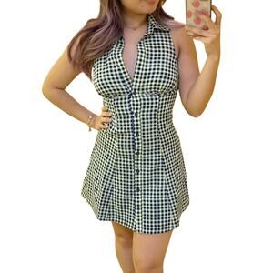 Urban Outfitters Blue Green Checked V-neck Plunge Fit & Flare Mini Dress Size XS